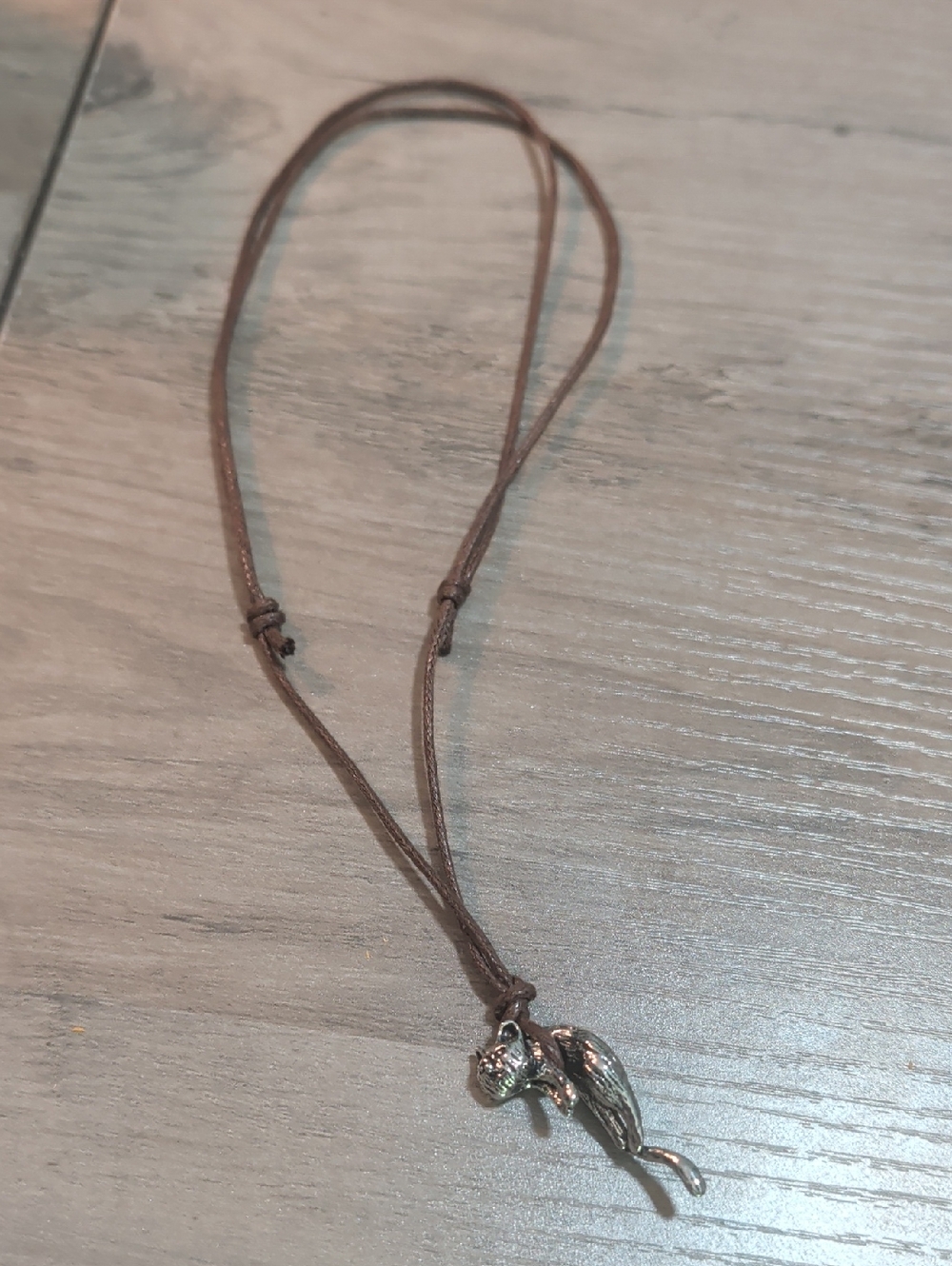 Silver Cat Pendant Necklace with Brown Cord - Picture 4 of 6